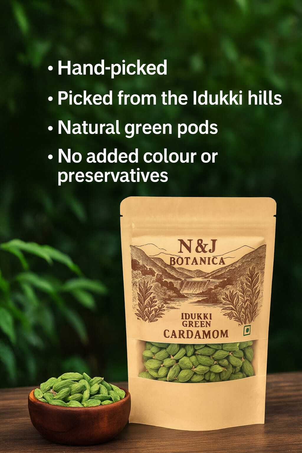 N&J Botanica Green Cardamom | Finest Idukki cardamom | Handpicked Elaichi for Tea, Biryani, Curries, Sweets, Desserts, Ayurvedic Drinks -50g