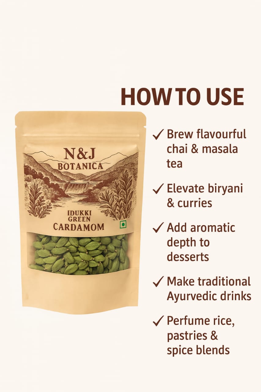 N&J Botanica Green Cardamom | Finest Idukki cardamom | Handpicked Elaichi for Tea, Biryani, Curries, Sweets, Desserts, Ayurvedic Drinks -50g